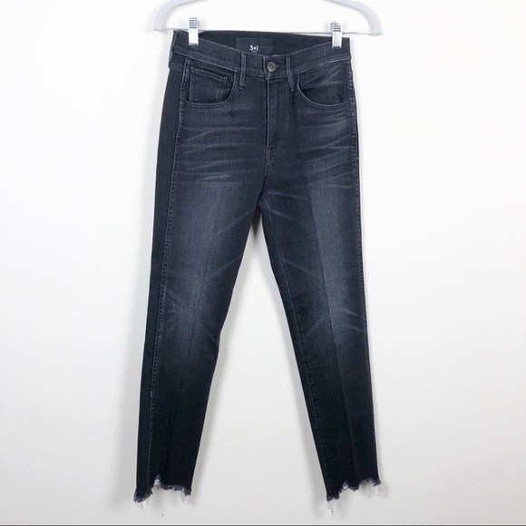 3x1 Authentic Straight Cropped Fray Raw Hem Jeans in Shake Black Cotton Stretch - Picture 3 of 8